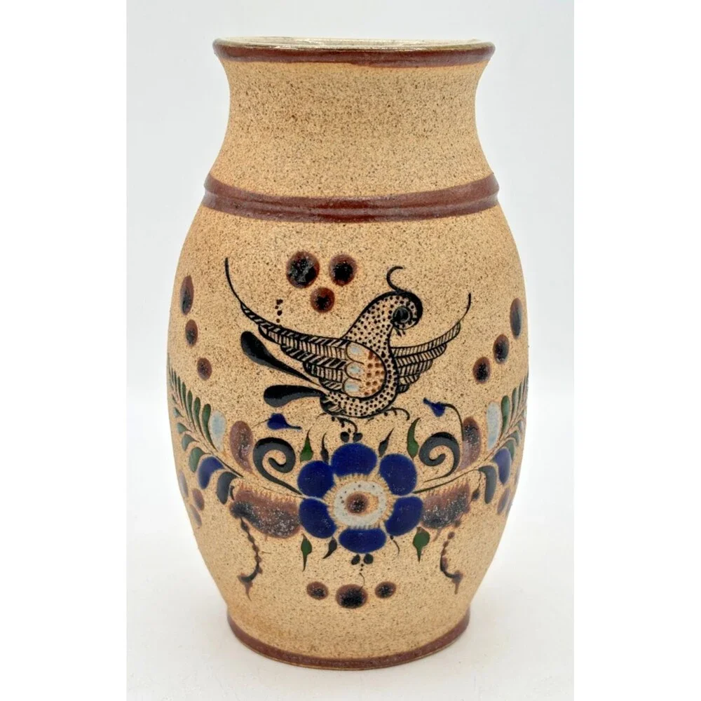 Netzi Tonala Pottery Burnished Clay Vase Hand-Painted Bird Floral Motif Signed‎